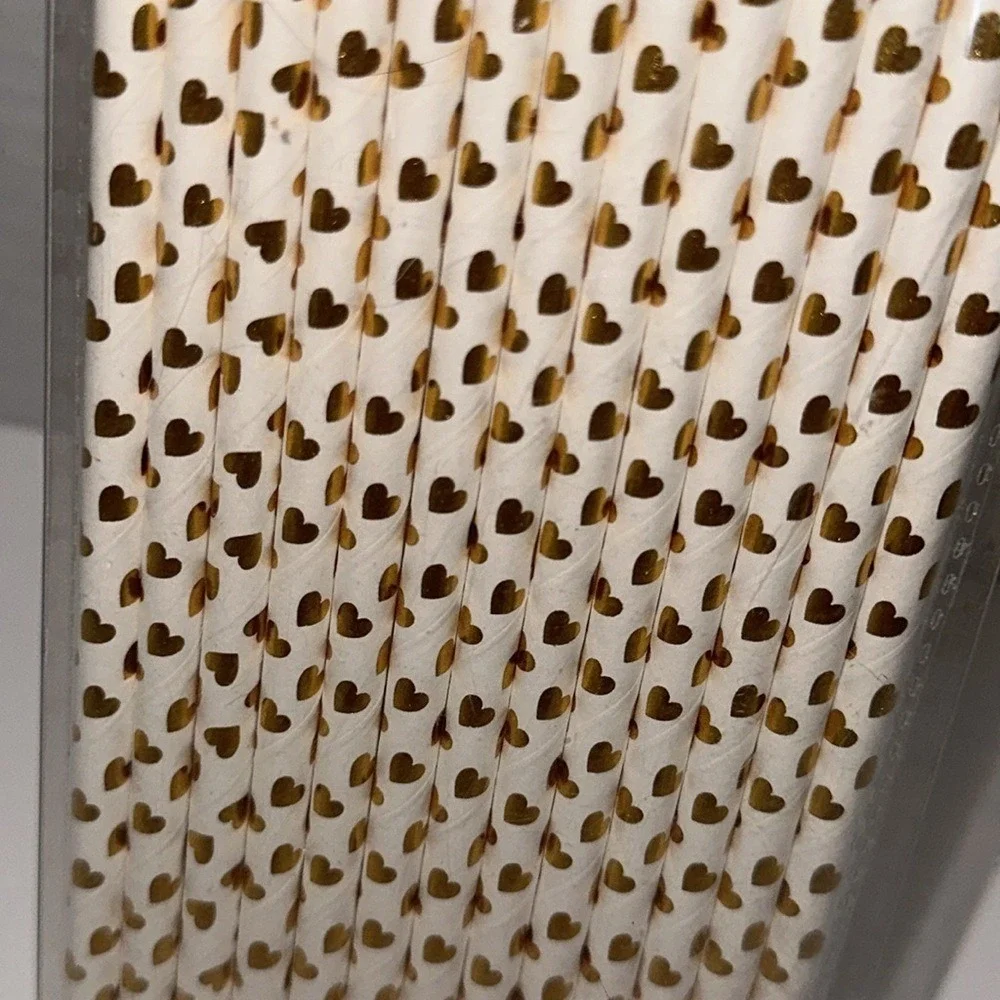Gold Foil Heart Paper Straws White Wedding Party Supplies Pack of 100